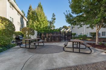 A concrete patio with two benches and a table in the middle.
